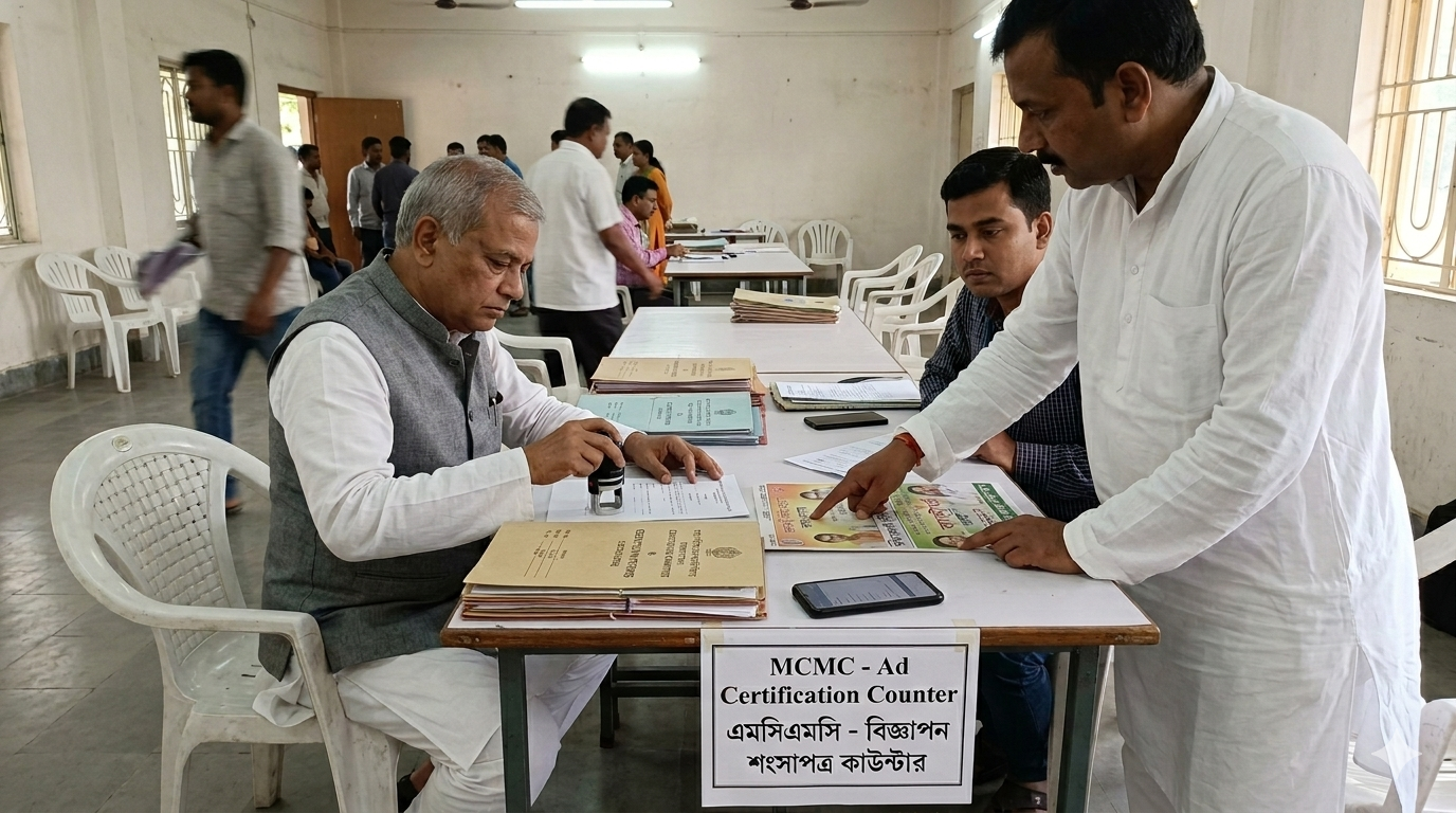 Election Commission of India building and MCMC certification process illustration.