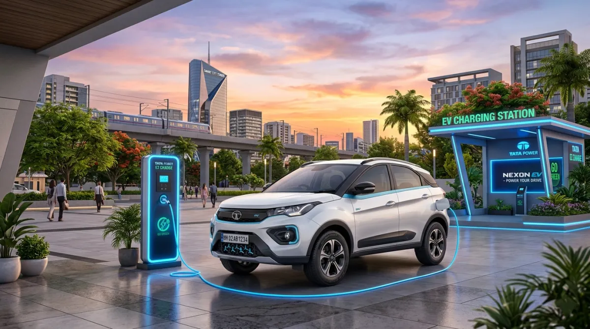 A modern electric car charging at a high-speed charging station with a solar panel roof in an Indian city. Representive Image