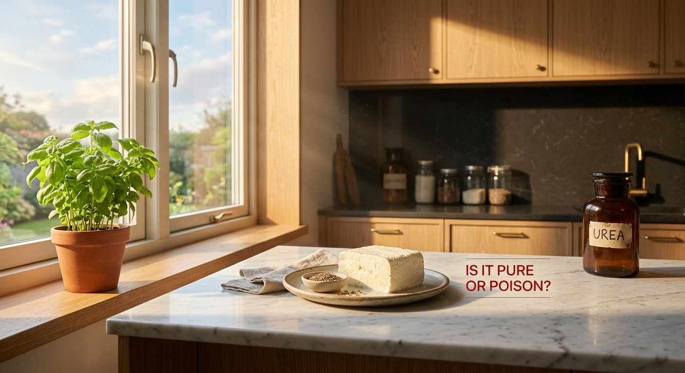 fake paneer being tested for chemicals in a home kitchen.