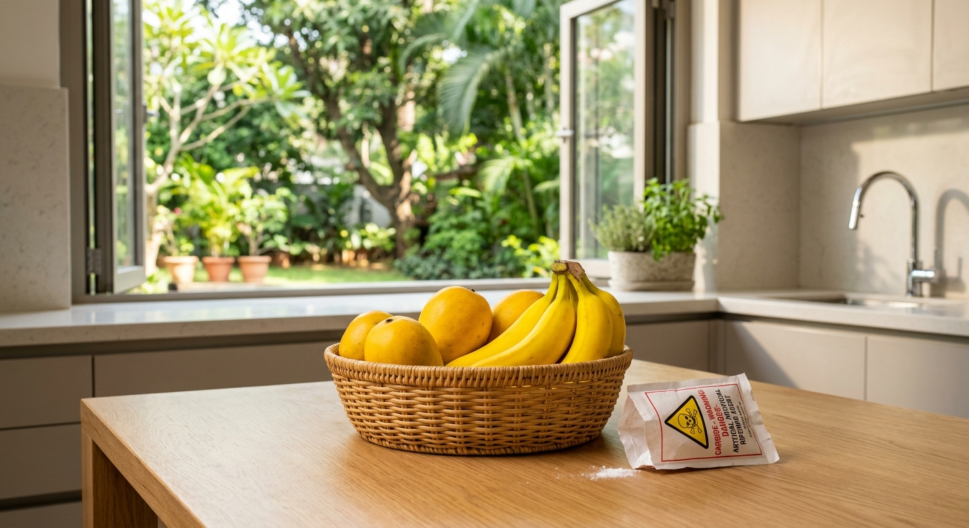 Uniformly yellow bananas showing signs of artificial ripening with chemicals.