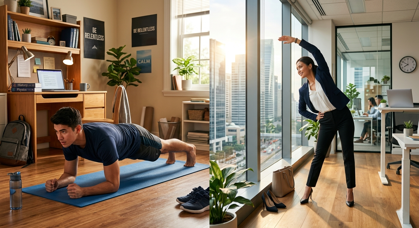 A student doing light stretches at a study desk with books.