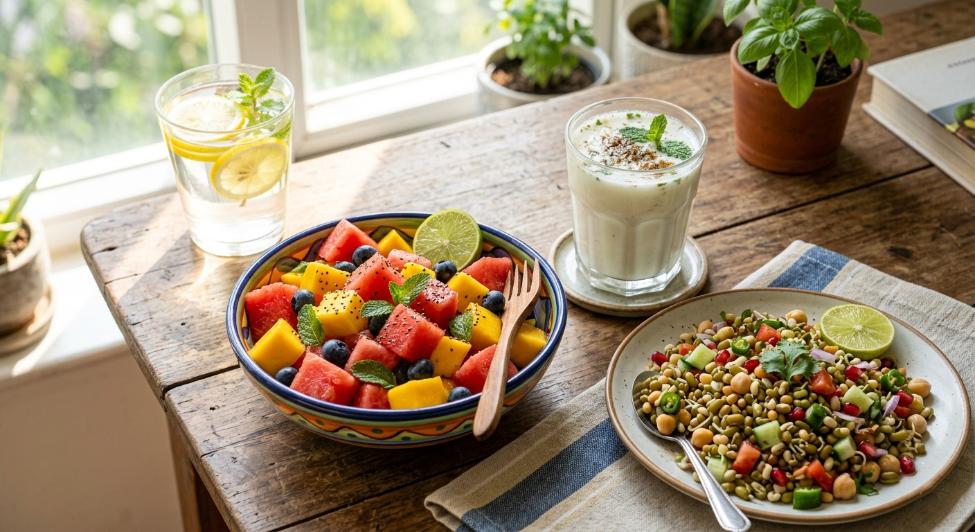 A balanced Indian meal plate with dal, roti, salad, and curd.