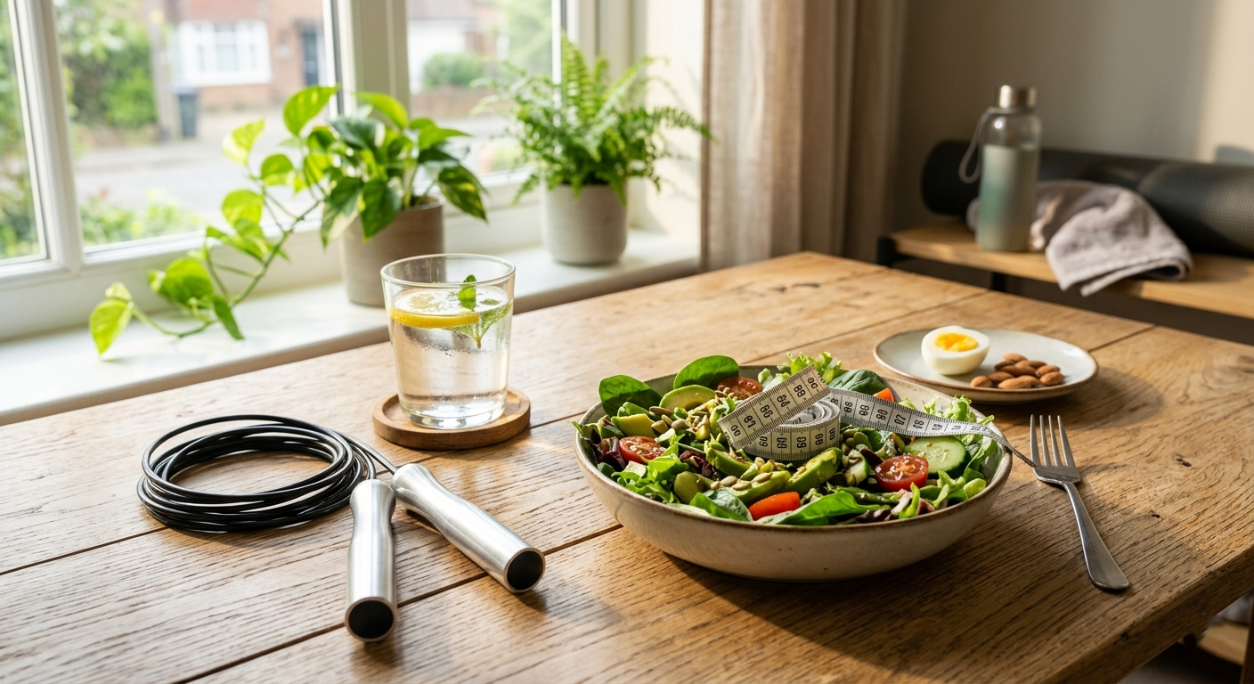 A person measuring their waist with a tape but smiling, focusing on health.