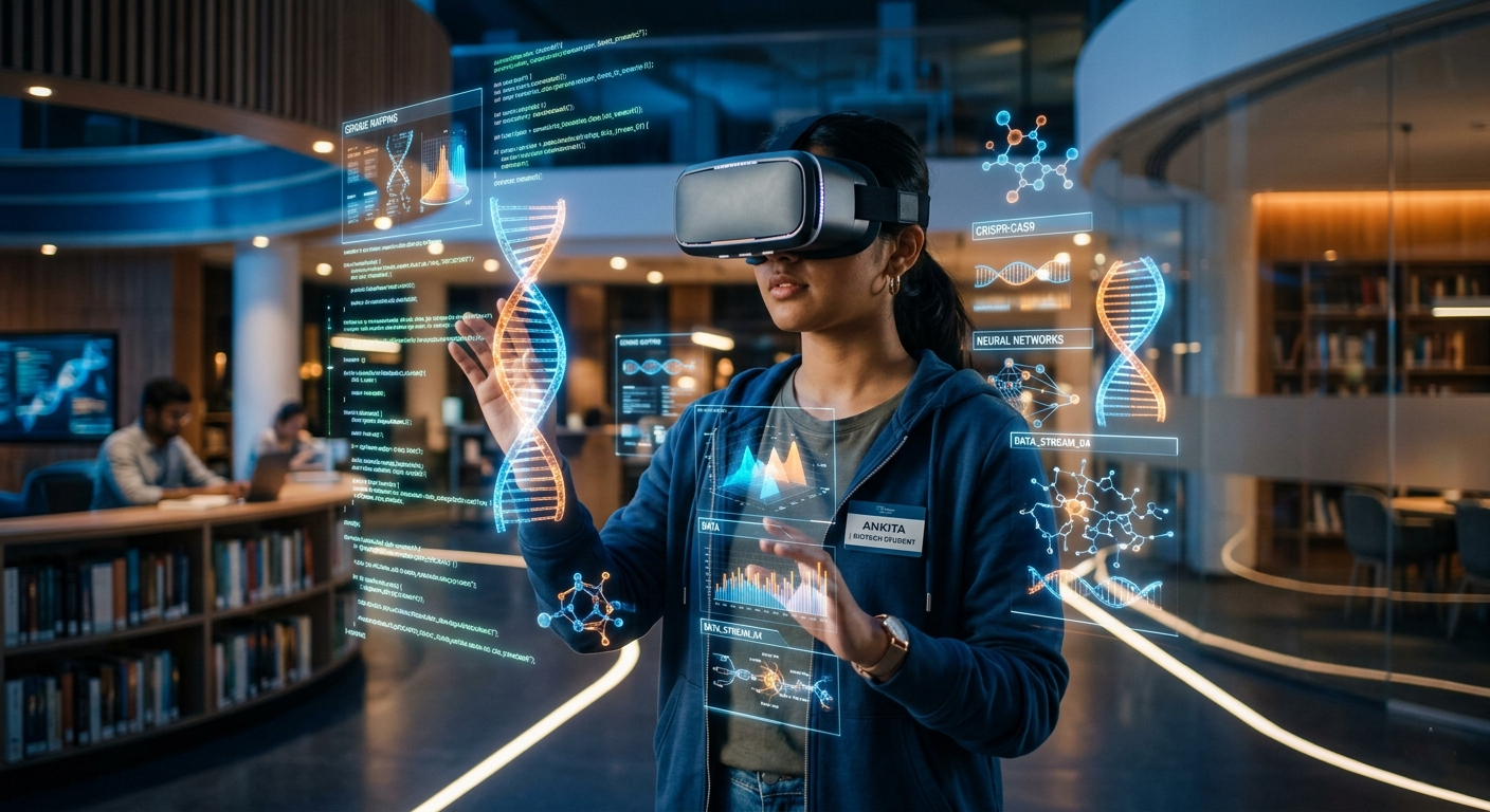 A student using a VR headset for advanced digital learning in 2026.