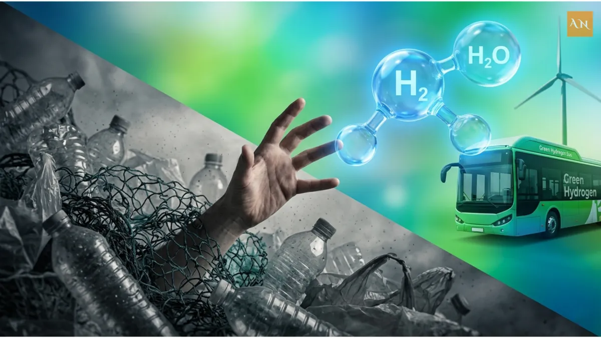A conceptual infographic showing a hand emerging from a pile of plastic waste towards a glowing blue Green Hydrogen molecule, representing India's shift from plastic pollution to clean energy in 2026.