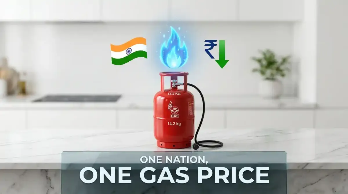 A 3D map of India with a glowing blue gas pipeline connecting all states, representing unified pricing. Representative Image