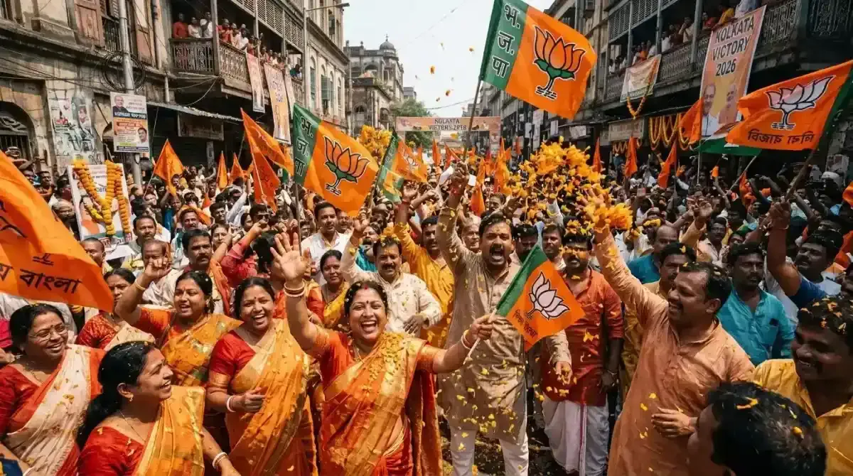 BJP supporters celebrating the historic victory in the West Bengal 2026 Assembly Elections in Kolkata. Representative Image