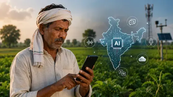 India AI Mission showing a rural farmer using a Marathi AI voice assistant alongside India’s regional language artificial intelligence and digital technology infrastructure