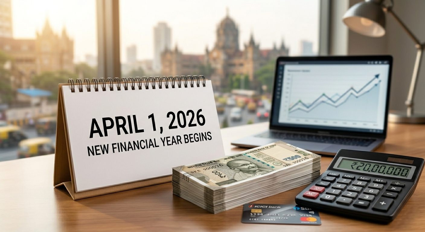 Infographic showing 2026 financial year calendar and Indian Rupee symbol with 'April 1 Changes' text.