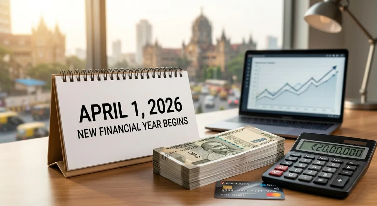 Infographic showing 2026 financial year calendar and Indian Rupee symbol with 'April 1 Changes' text.