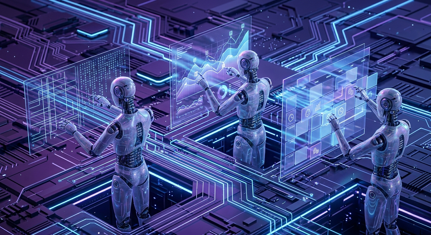 A futuristic digital workspace showing multiple AI agents collaborating on a coding project and data analysis.