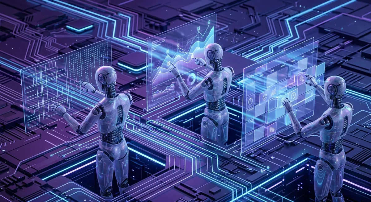 A futuristic digital workspace showing multiple AI agents collaborating on a coding project and data analysis.