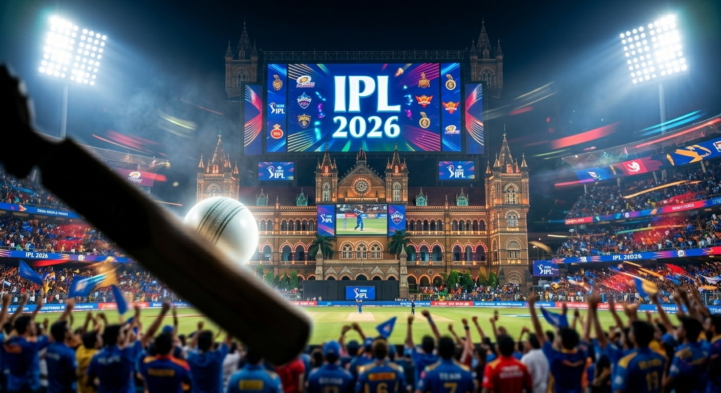 A vibrant stadium atmosphere with IPL 2026 branding and players celebrating a wicket.