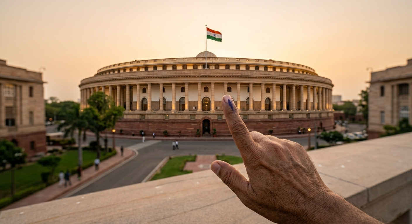 The Indian flag background representing democracy and elections in 2026.