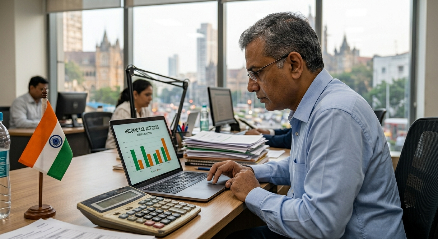 Illustration of the new Income Tax Act 2025 document with Indian Rupee notes and a calculator, representing the financial changes starting April 1, 2026.