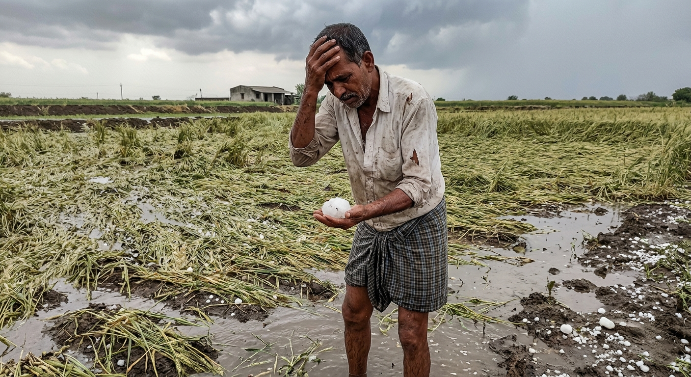 Candid smartphone photo of a distressed farmer inspecting crop damage from unseasonal rain and hailstorm near Chhatrapati Sambhajinagar, Maharashtra.