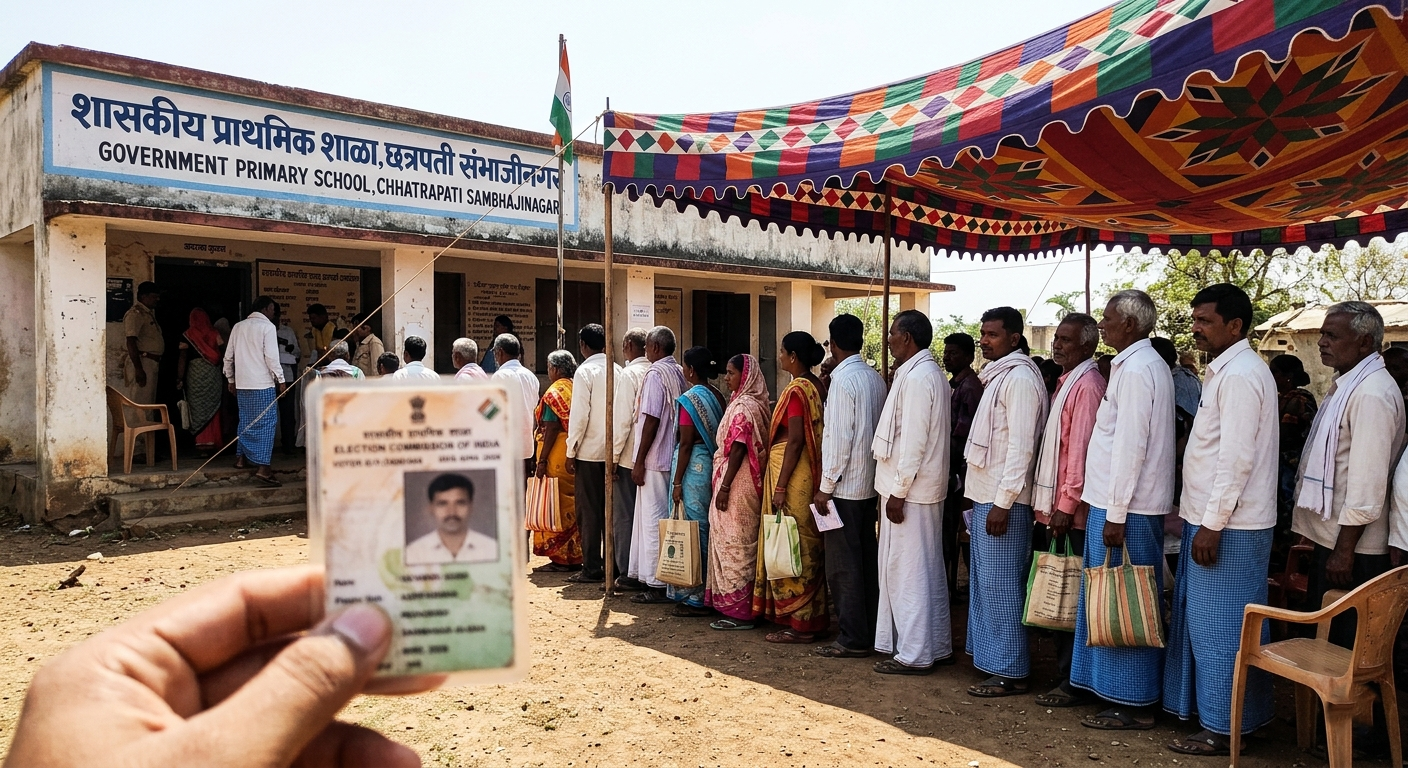Voters waiting in line outside a polling station in India, holding voter ID cards