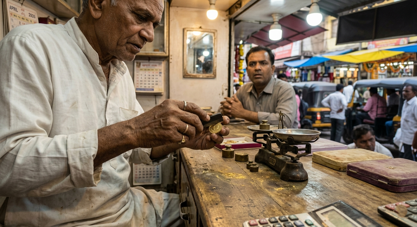 Candid smartphone photo of a jeweler testing a gold coin inside a traditional Indian shop.