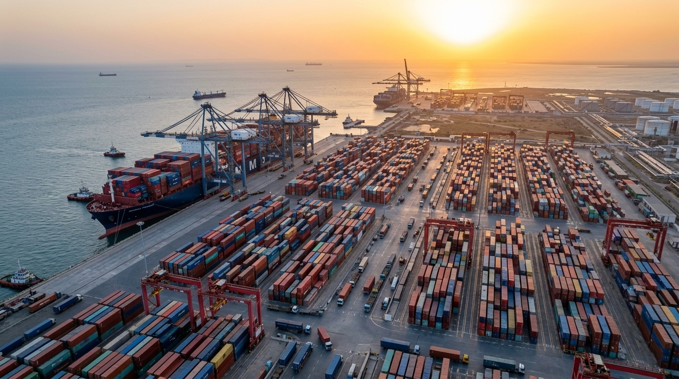 Massive cargo operations at Mundra Port showing Adani's 500 MMT milestone. Image Credit: APSEZ / Adani Group Media.