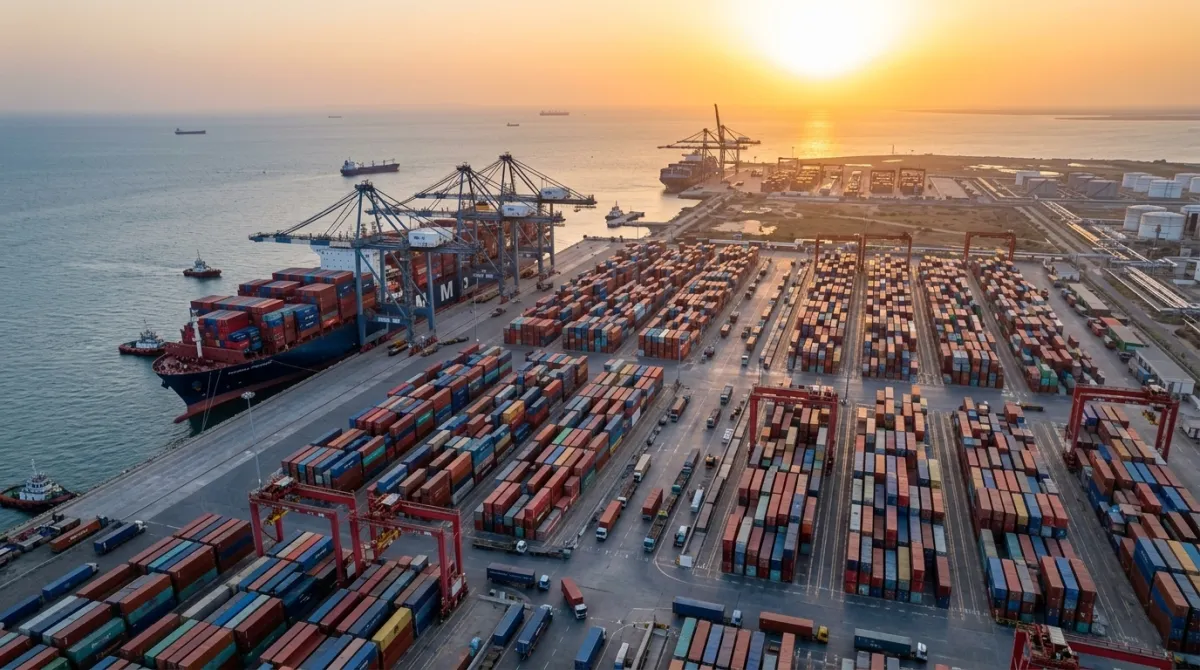 Massive cargo operations at Mundra Port showing Adani's 500 MMT milestone. Image Credit: APSEZ / Adani Group Media.