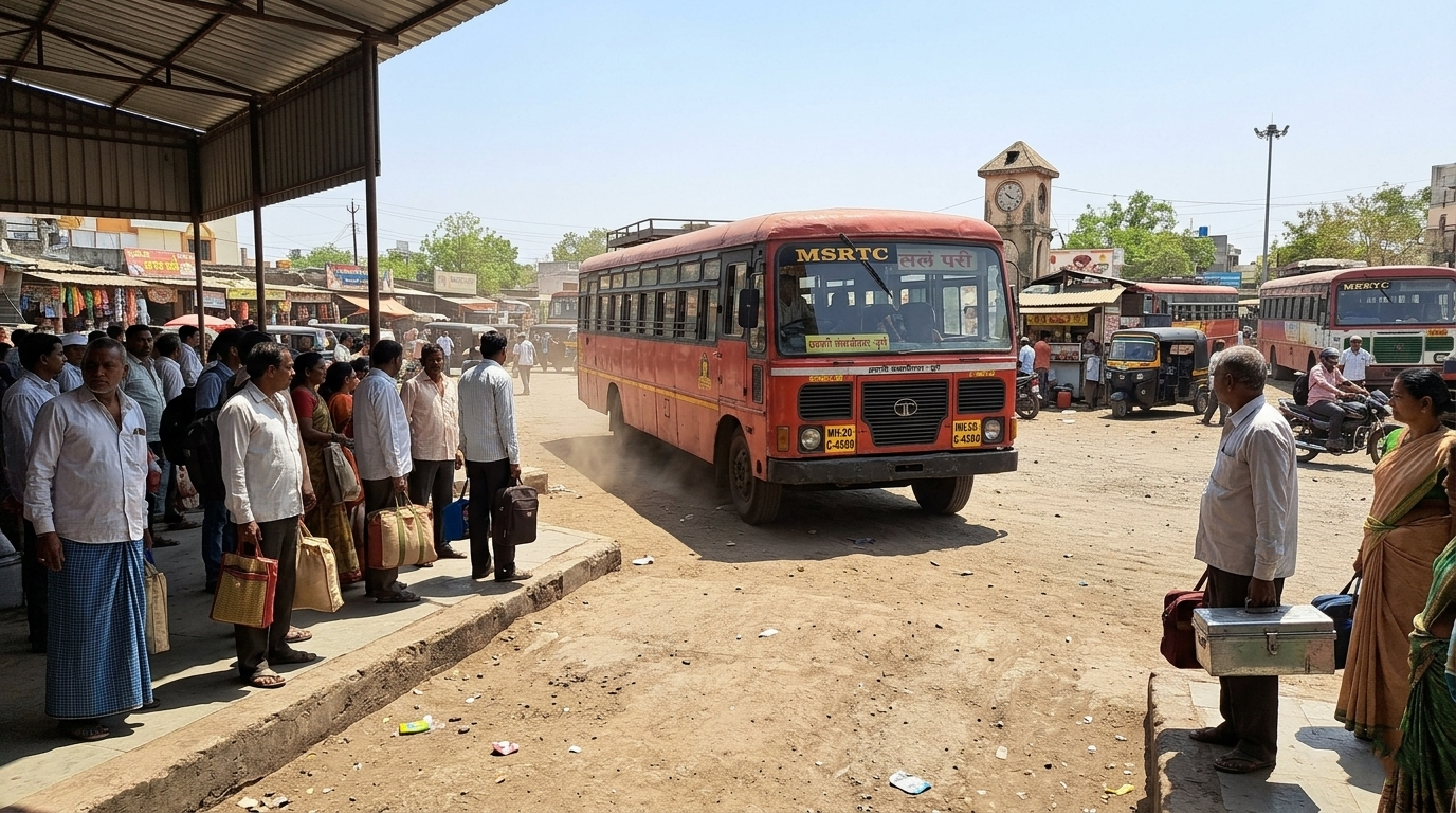 Red ST bus and Shivshahi bus parked at a busy Maharashtra bus stand.