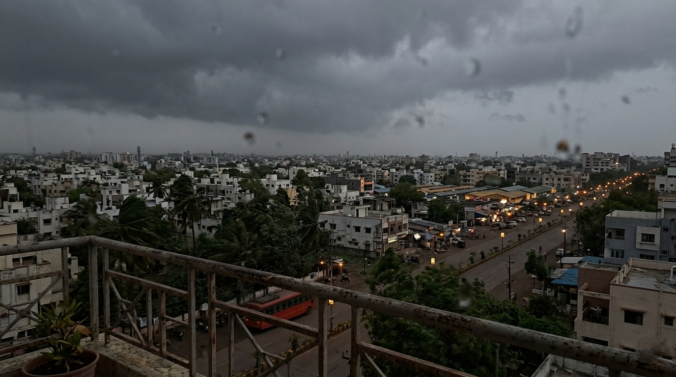 Dark clouds over a Maharashtra city skyline with light rain falling.