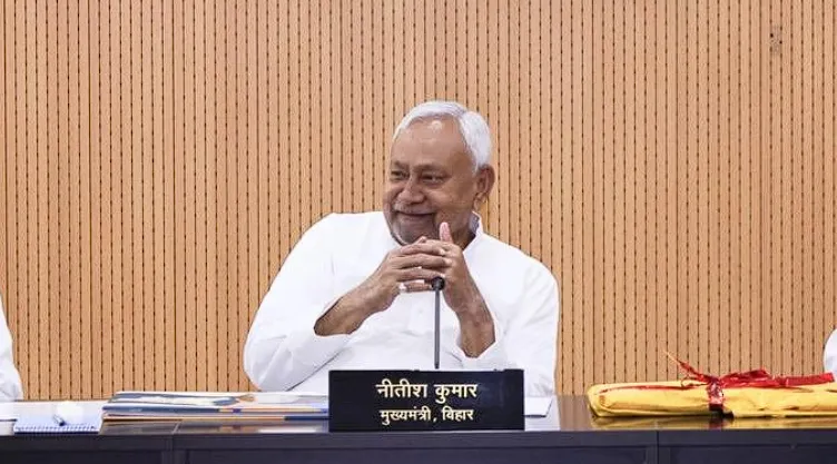 Nitish Kumar taking oath in the Rajya Sabha chamber. Photo Credit: @NitishKumar via X