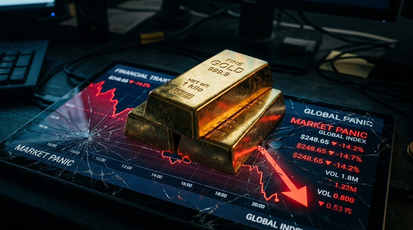 Gold biscuits and jewelry displayed with a downward arrow showing price drop.