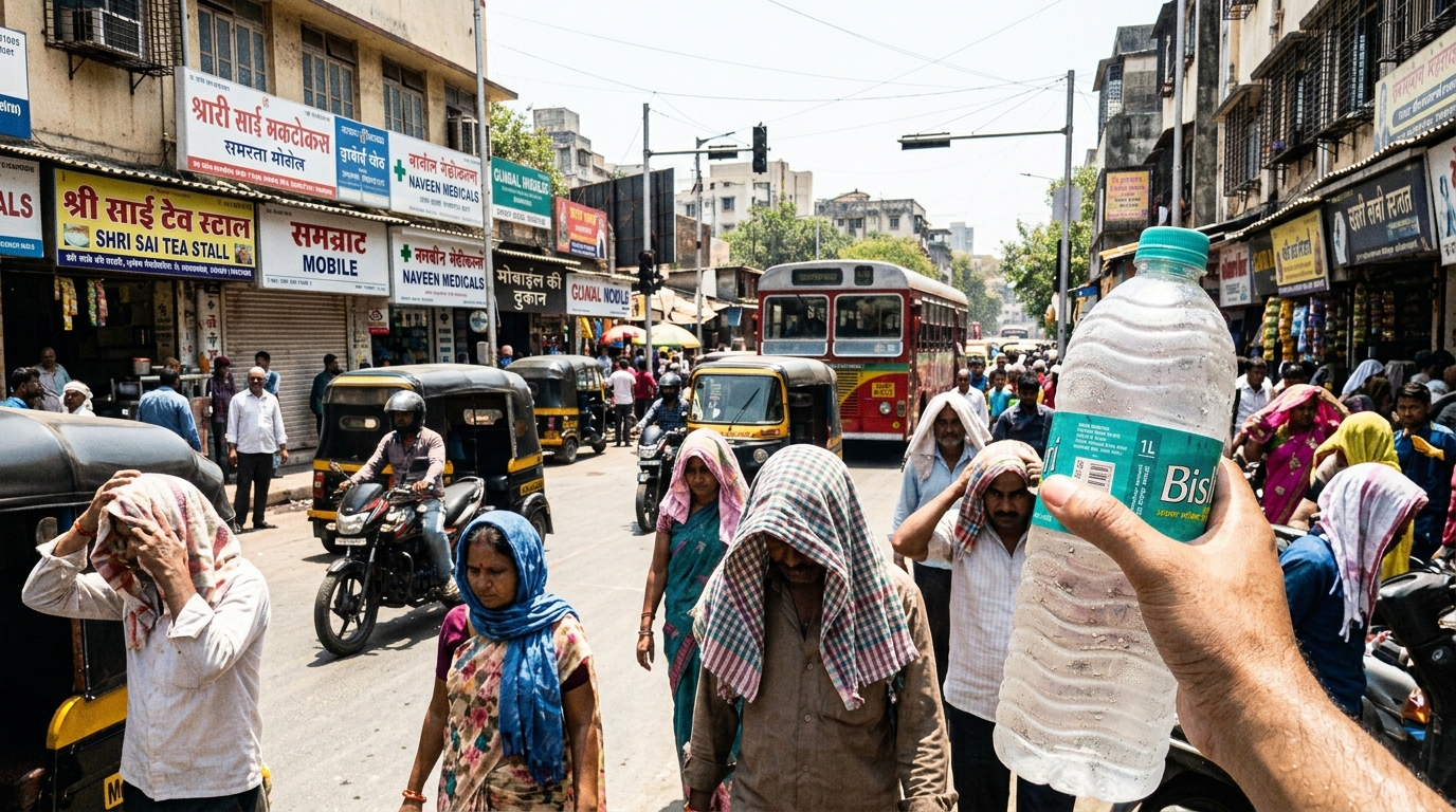 A thermometer showing high temperature with a hazy sun in the background over a city skyline. Representative image