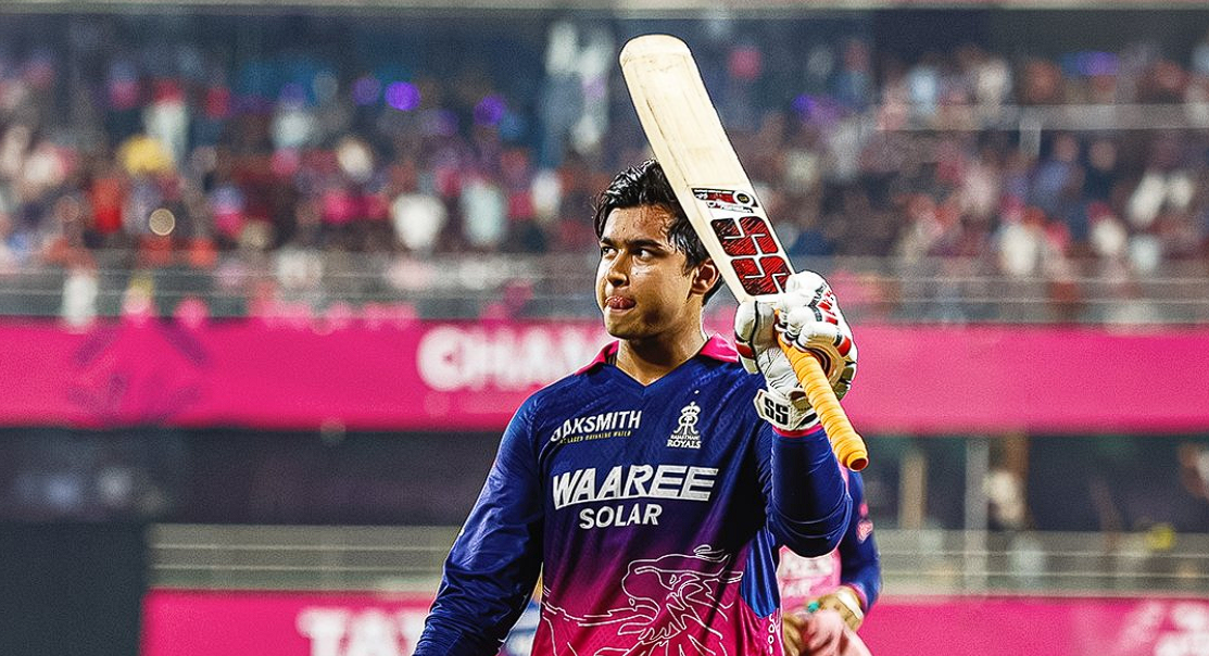 Vaibhav Sooryavanshi celebrating his half-century against RCB in Guwahati. Image Credit: @rajasthanroyals/X Handle