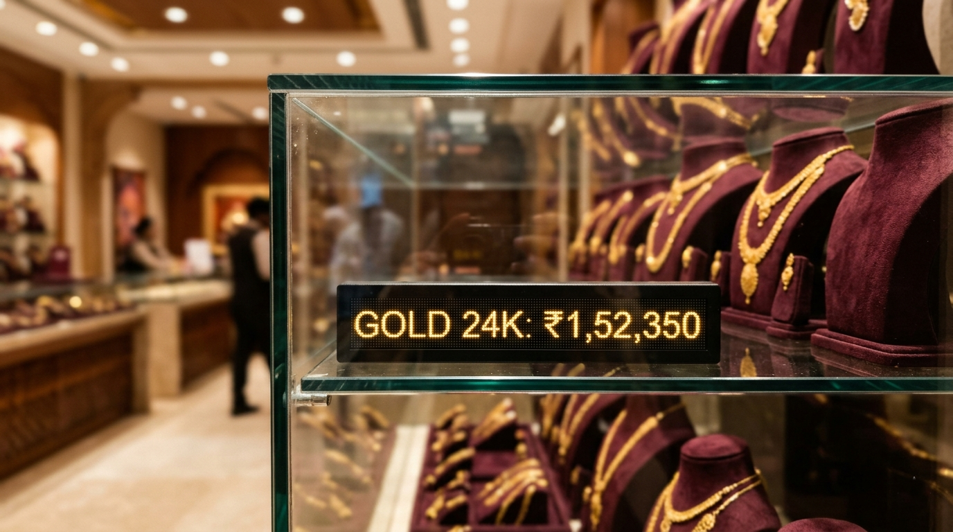 Gold bars and coins with a digital display showing rising market trends.
