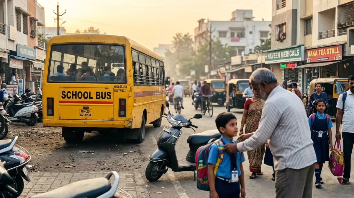 A yellow school bus on a busy road in Mumbai with children boarding. Representative image