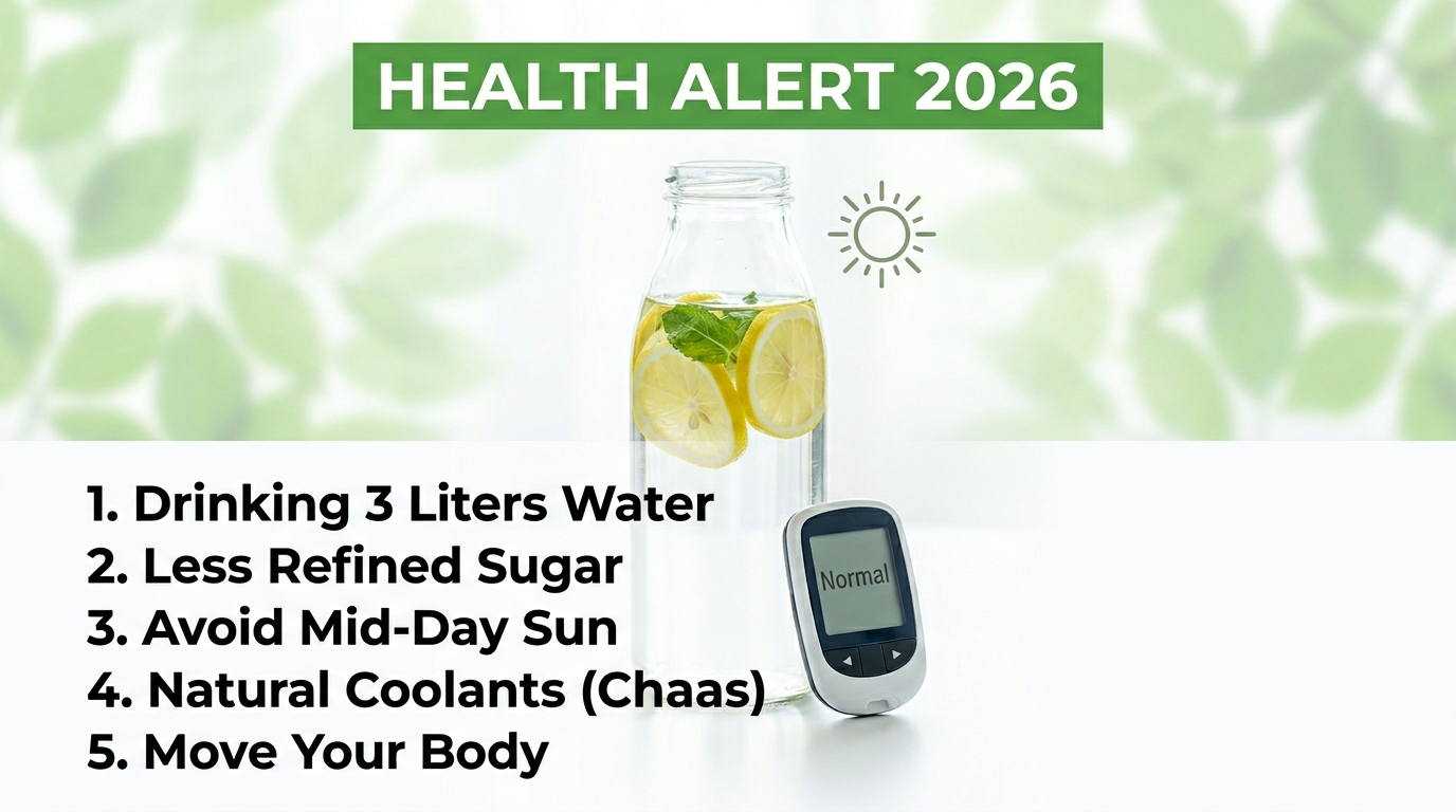 A bottle of water and fresh fruits on a table, symbolizing summer health care.