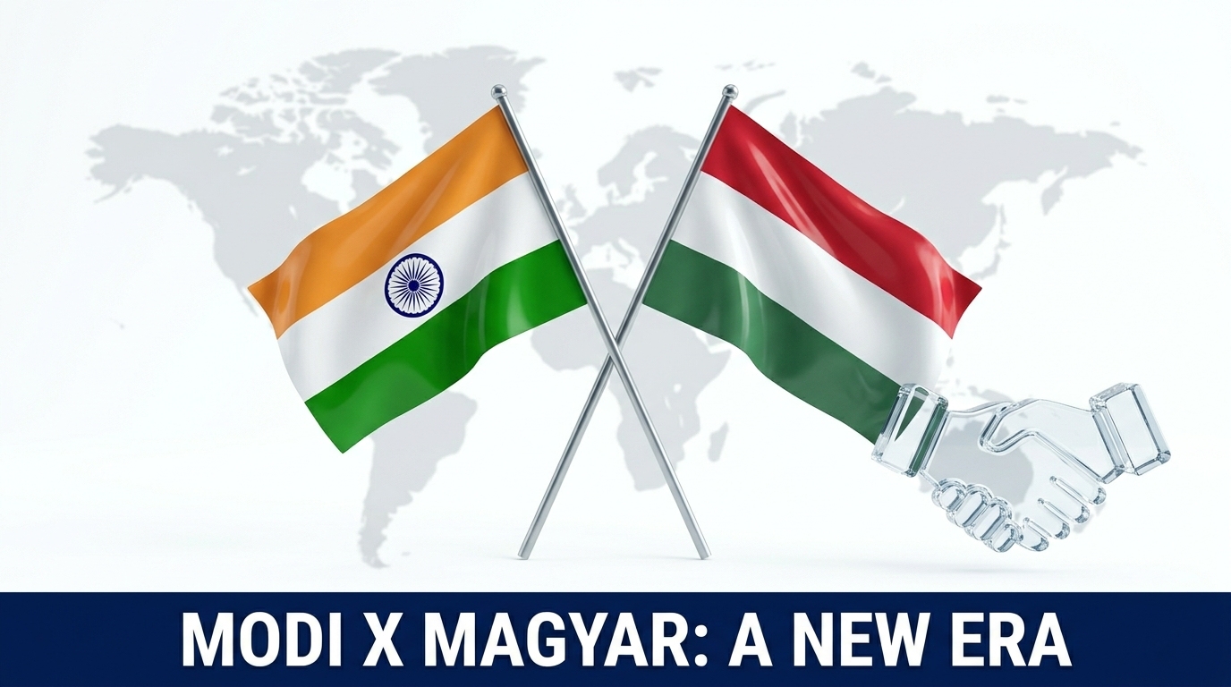 Prime Minister Narendra Modi and a graphic of the Hungary flag with Péter Magyar.
