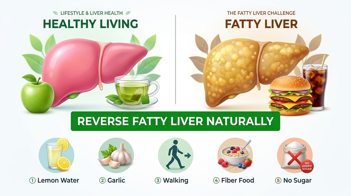 Healthy vs Fatty Liver comparison with healthy food icons.