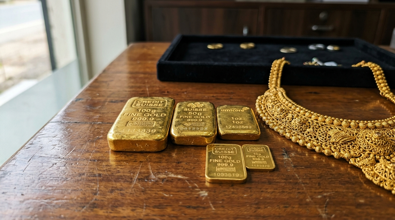 Close-up of gold bars and coins on a financial newspaper.