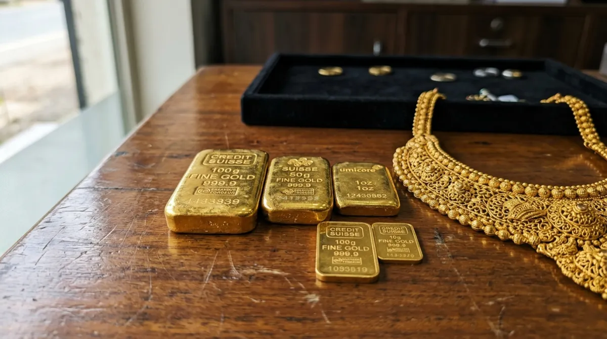 Close-up of gold bars and coins on a financial newspaper.