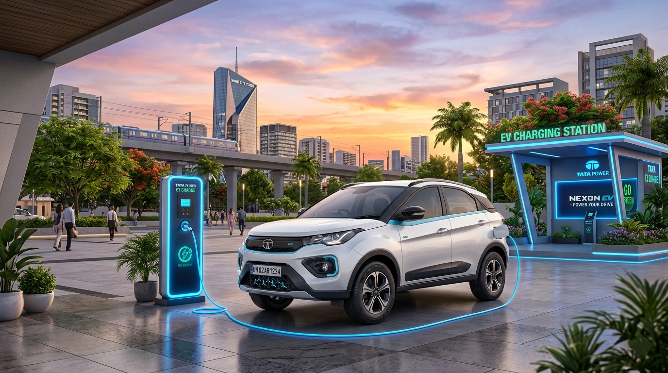 A modern electric car charging at a high-speed charging station with a solar panel roof in an Indian city. Representive Image
