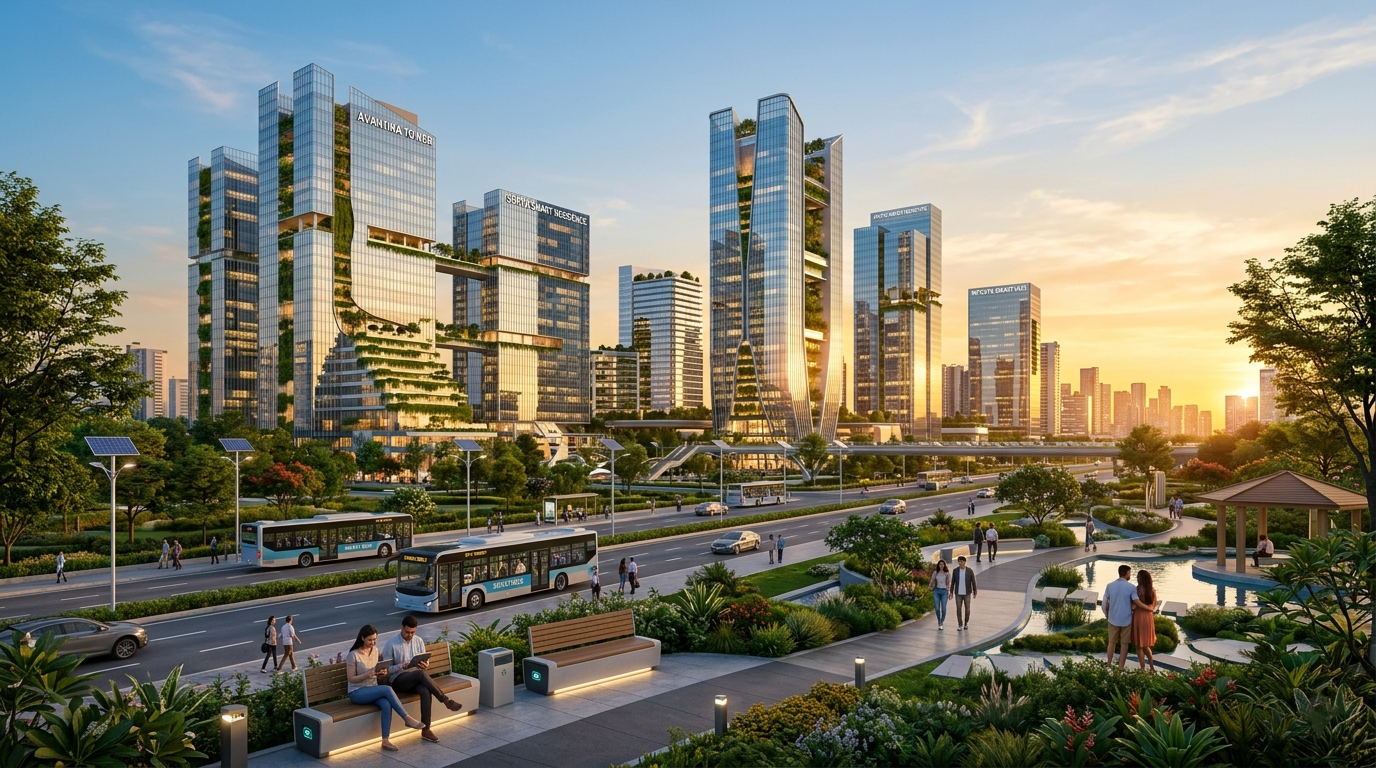A futuristic 3D model of a smart city in India with solar panels, green buildings, and high-speed transit systems. Representive Image