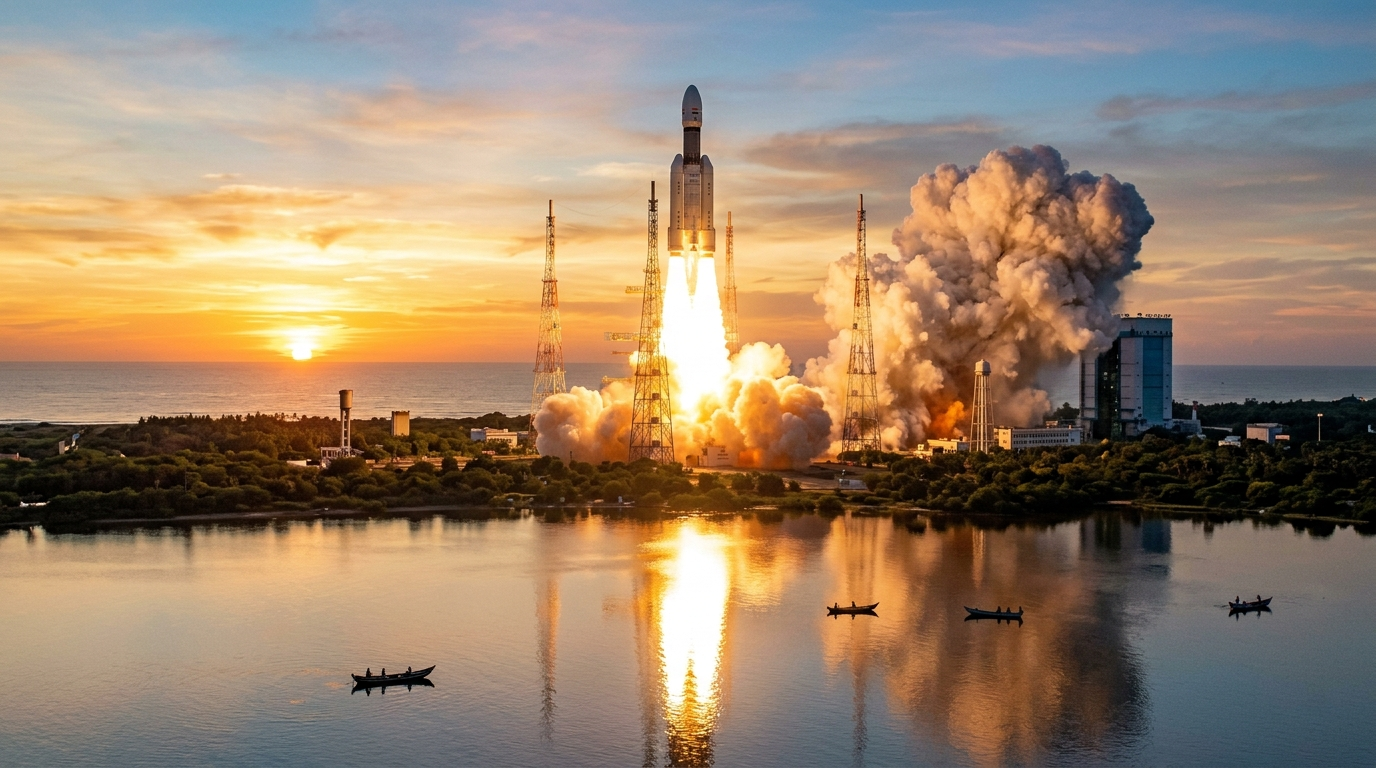 An artistic rendering of the Indian Gaganyaan crew module orbiting the Earth with the Indian flag visible on the side.