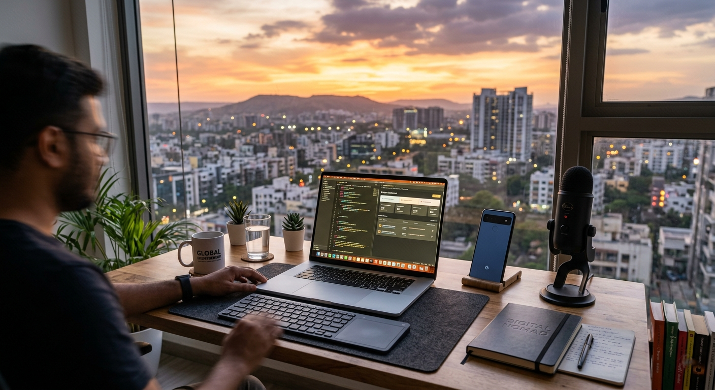 A modern home office setup with a laptop, coffee, and multiple monitors.