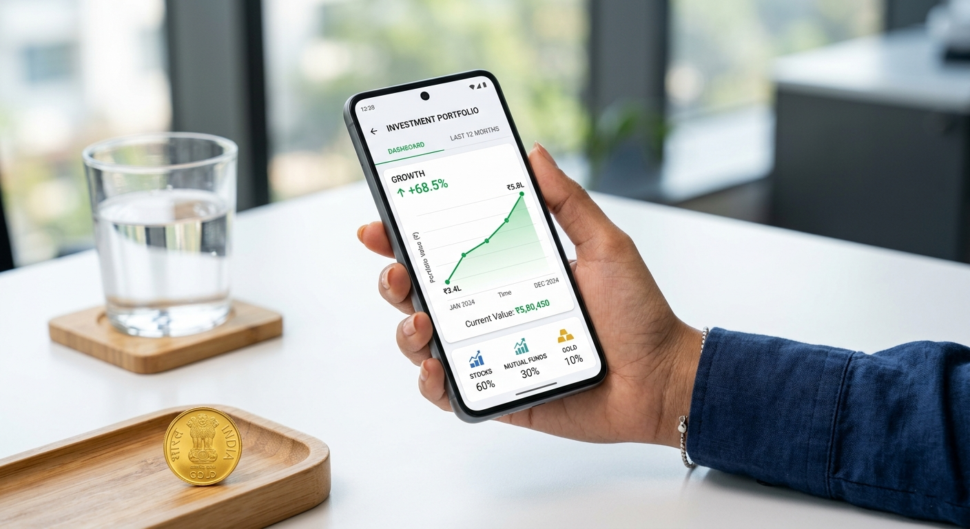 A digital app screen showing a growing investment portfolio with green charts.