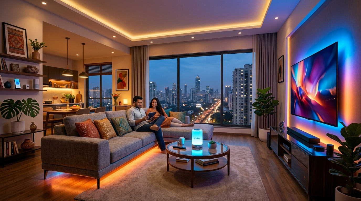 A modern Indian living room with smart lighting and an AI voice assistant hub. Representative Image