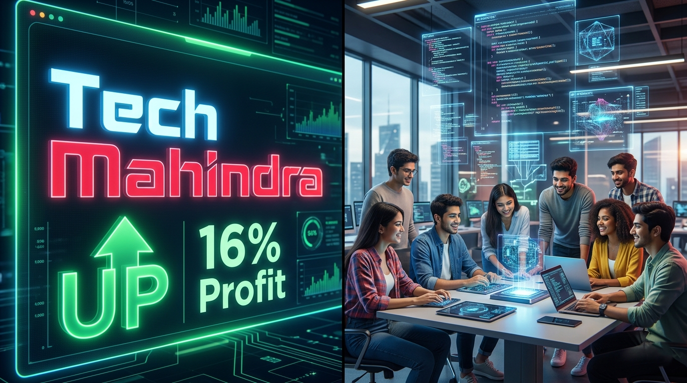 Tech Mahindra logo and Q4 profit charts showing 16% growth. Representative Image