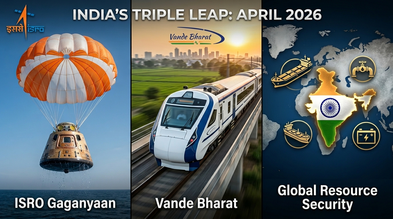 ISRO's Gaganyaan Crew Module during the successful air-drop test. A sleek Vande Bharat Sleeper train at a modern Indian railway station. Representative Image