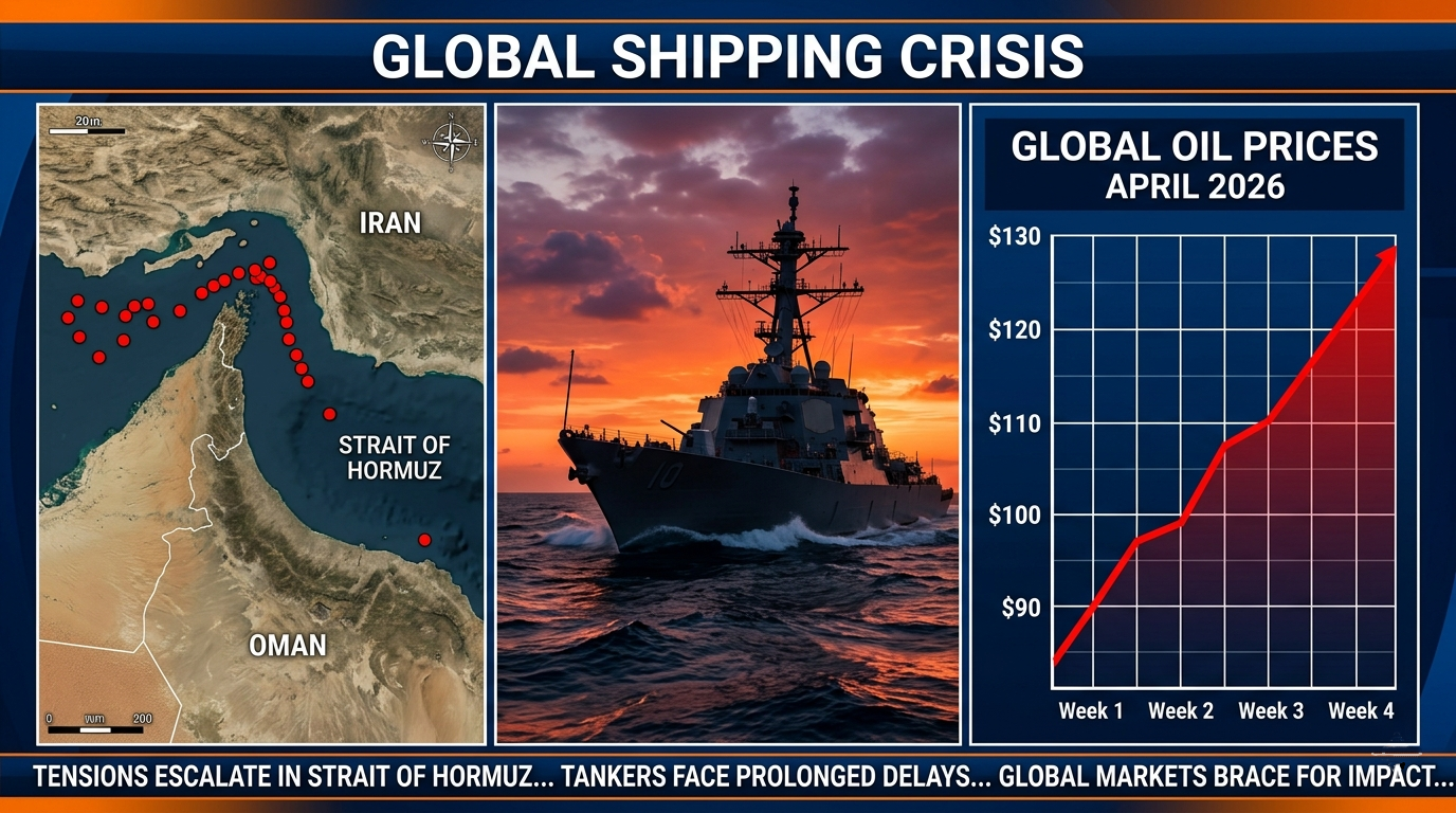 A map showing the strategic location of the Strait of Hormuz and blocked ships.