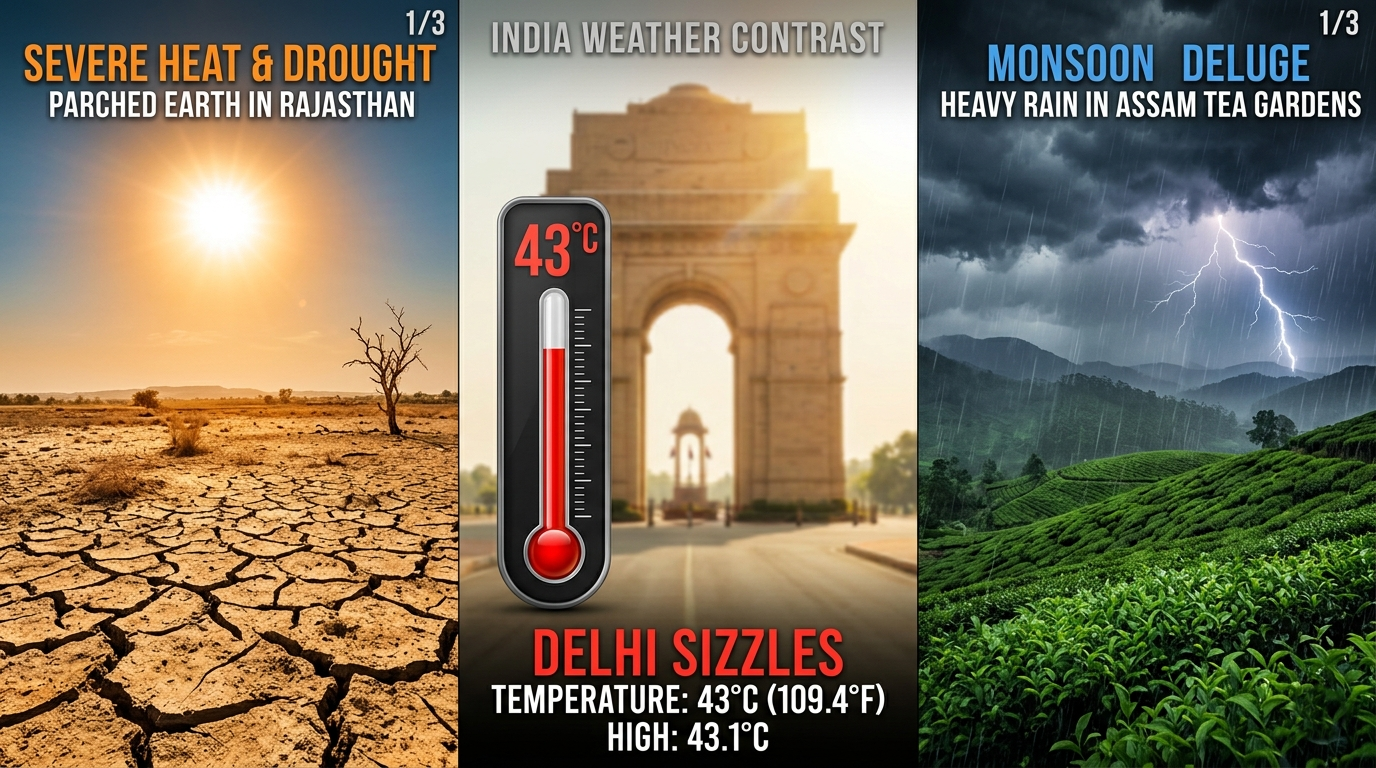 A sun-scorched road in North India with a temperature warning sign.