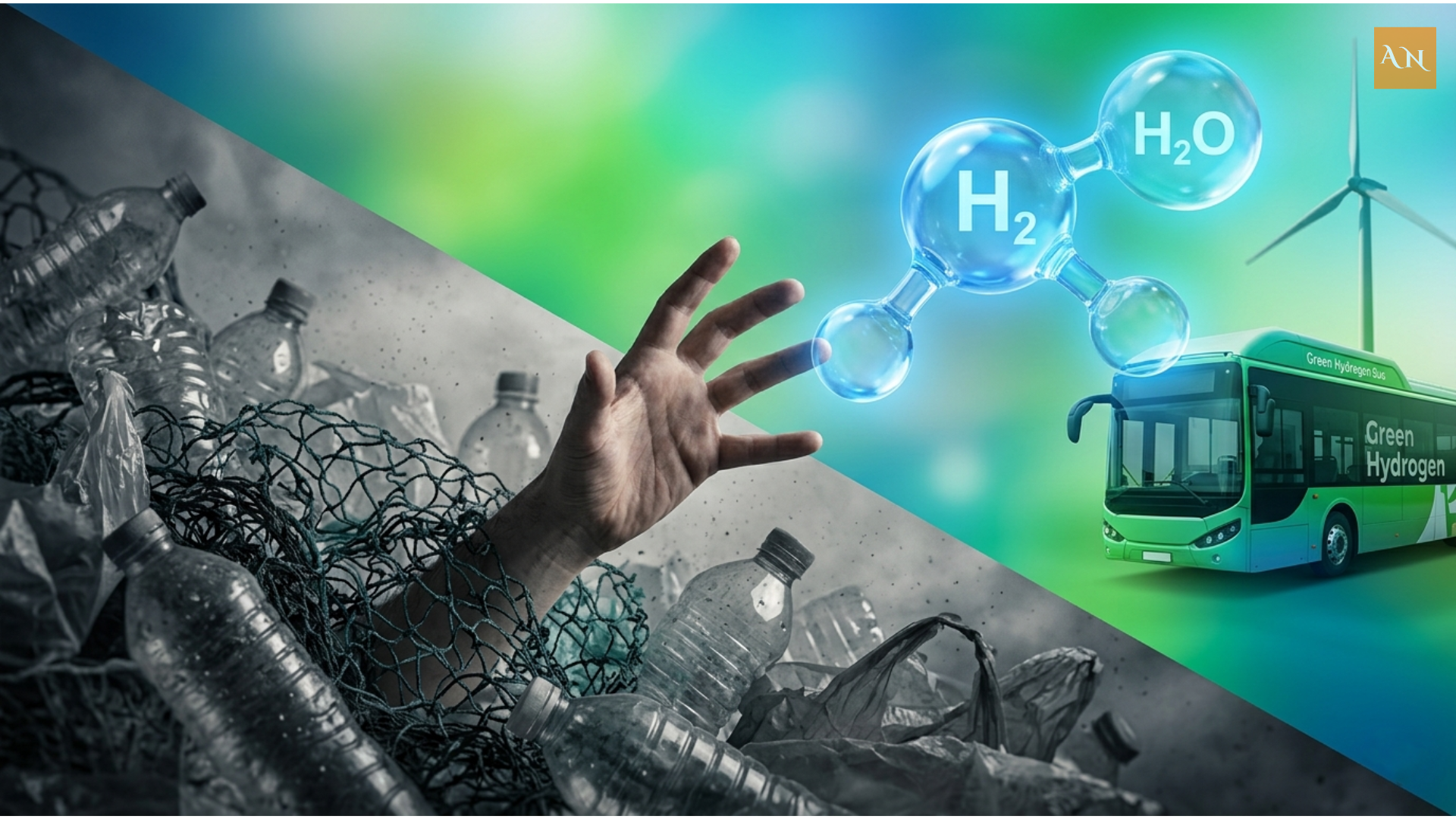 A conceptual infographic showing a hand emerging from a pile of plastic waste towards a glowing blue Green Hydrogen molecule, representing India's shift from plastic pollution to clean energy in 2026.