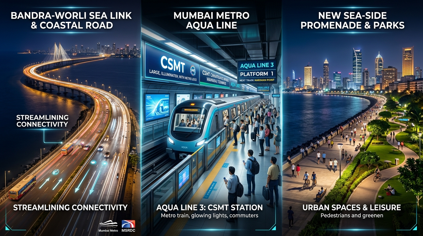 A drone shot of the Mumbai Coastal Road interchange at Worli.