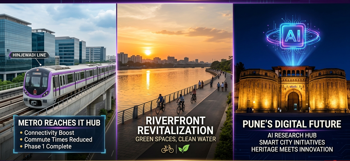 A panoramic view of the Pune Metro line crossing the Mula-Mutha river.